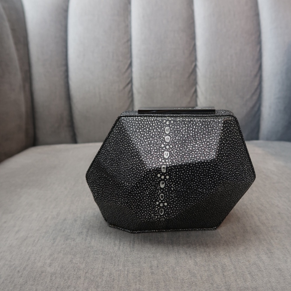 Herve Leger Black Faceted Stingray-Textured Hexagon Clutch